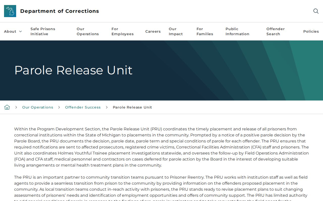 MDOC Parole Release Unit route for Baraga Correctional Facility releases