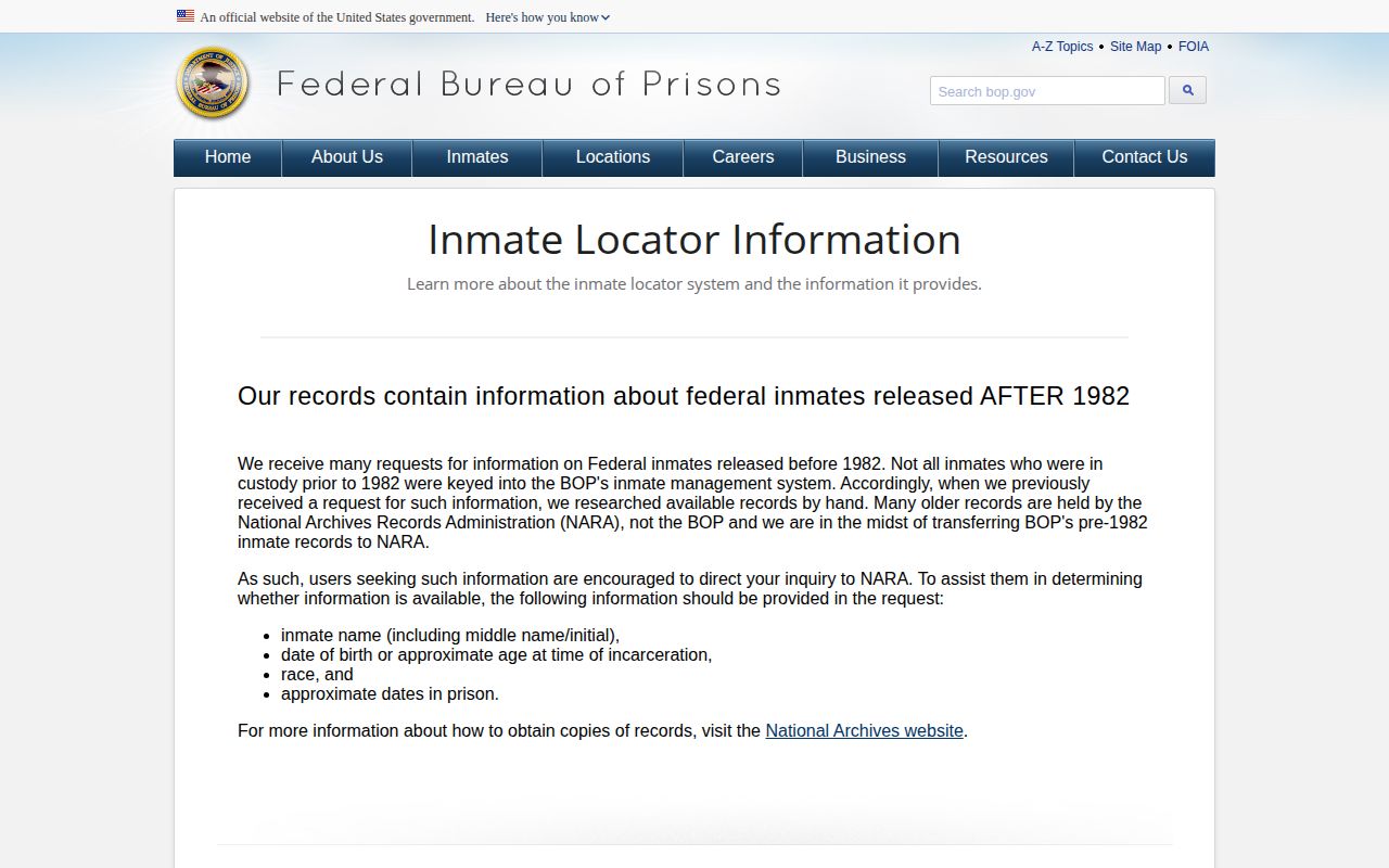 Federal release status fields for a Baraga County released inmate check