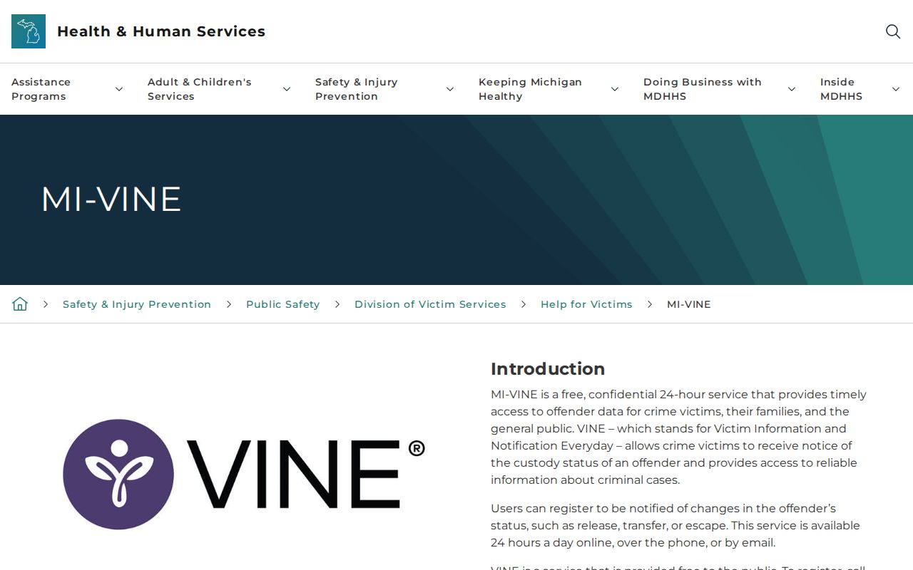 Michigan MI-VINE release notification information for Baraga County
