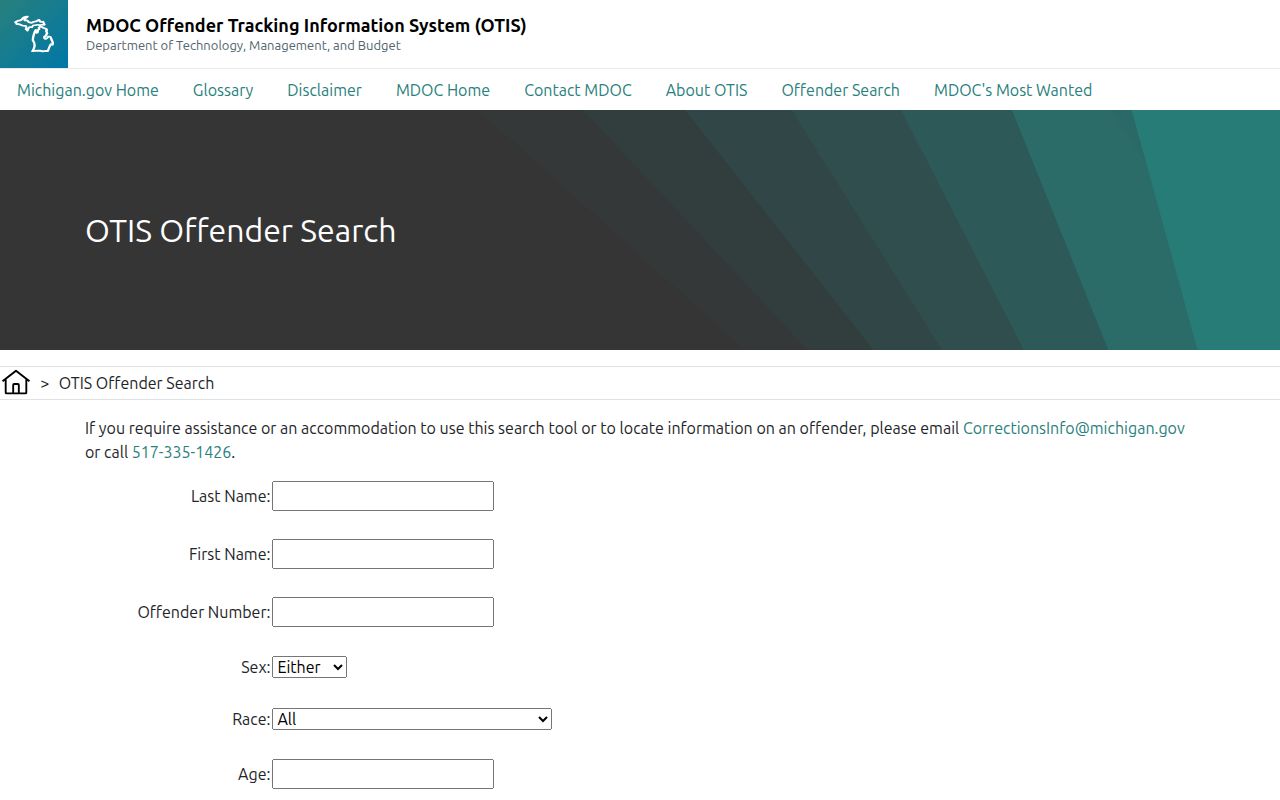 Baraga County released inmate lookup on the MDOC OTIS search form