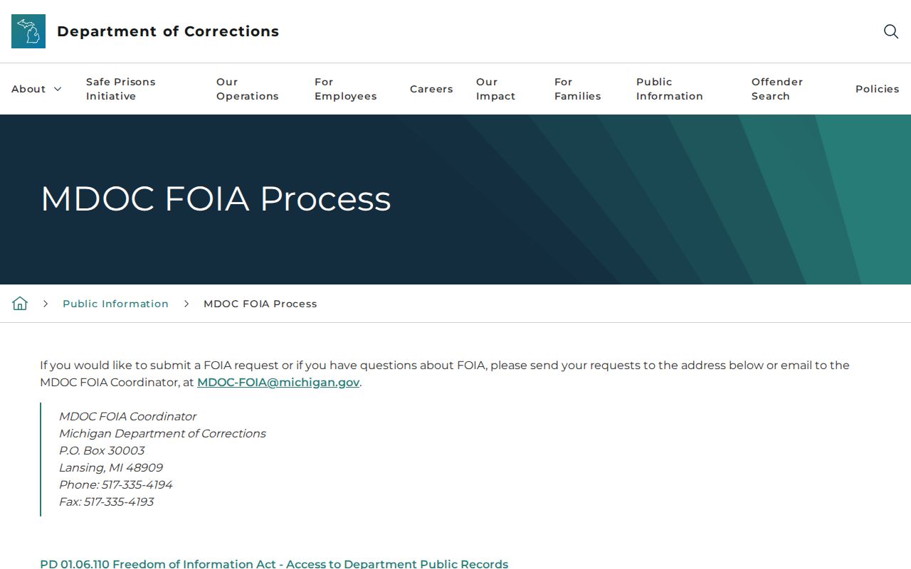 Baraga County released inmate MDOC photo records request